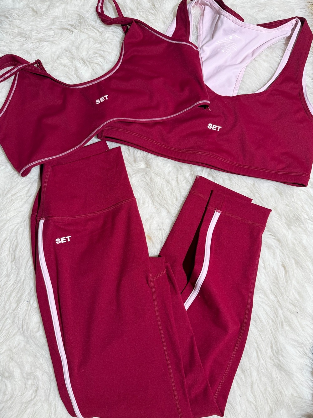 NEW Set Active L / XL Matching Set Leggings Sports Bra Berry Red Pink Workout LE